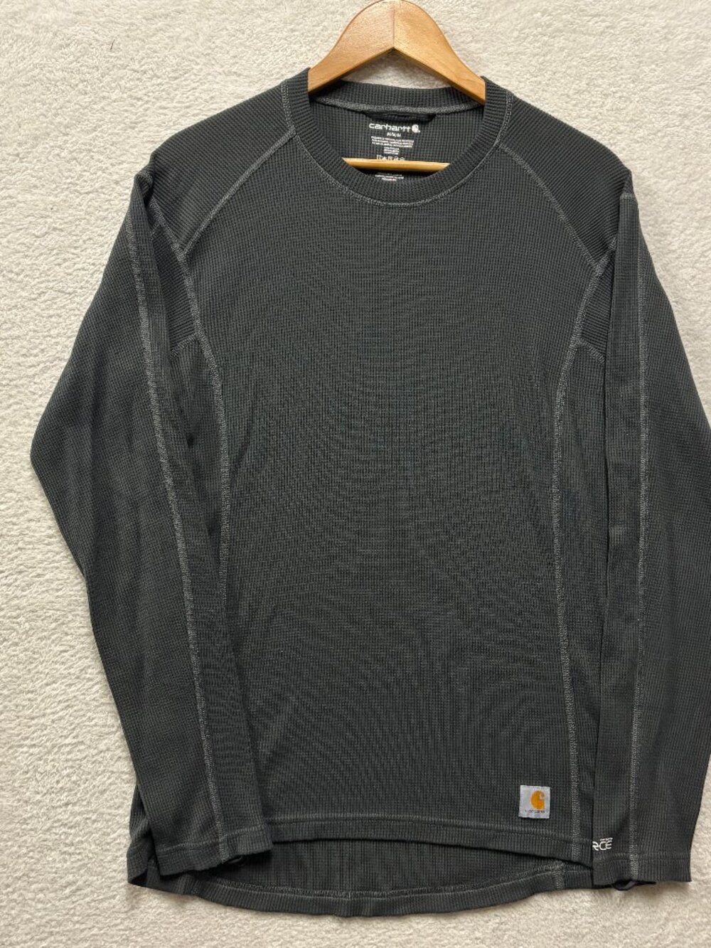 Carhartt Shirt Mens Medium Black Base Force Midweight Waffle Crewneck Black Grey